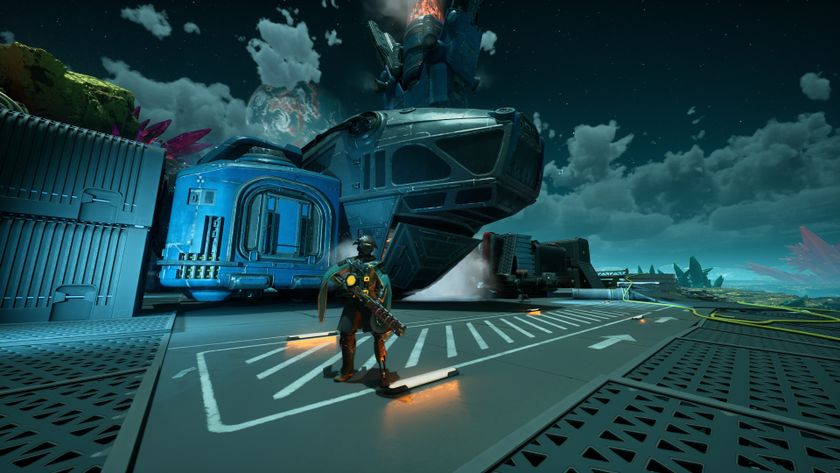 A shot of the player character and their ship in The Outer Worlds 2