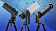 Unistellar Odyssey, E V scope two and equinox two smart telescopes on a blue background