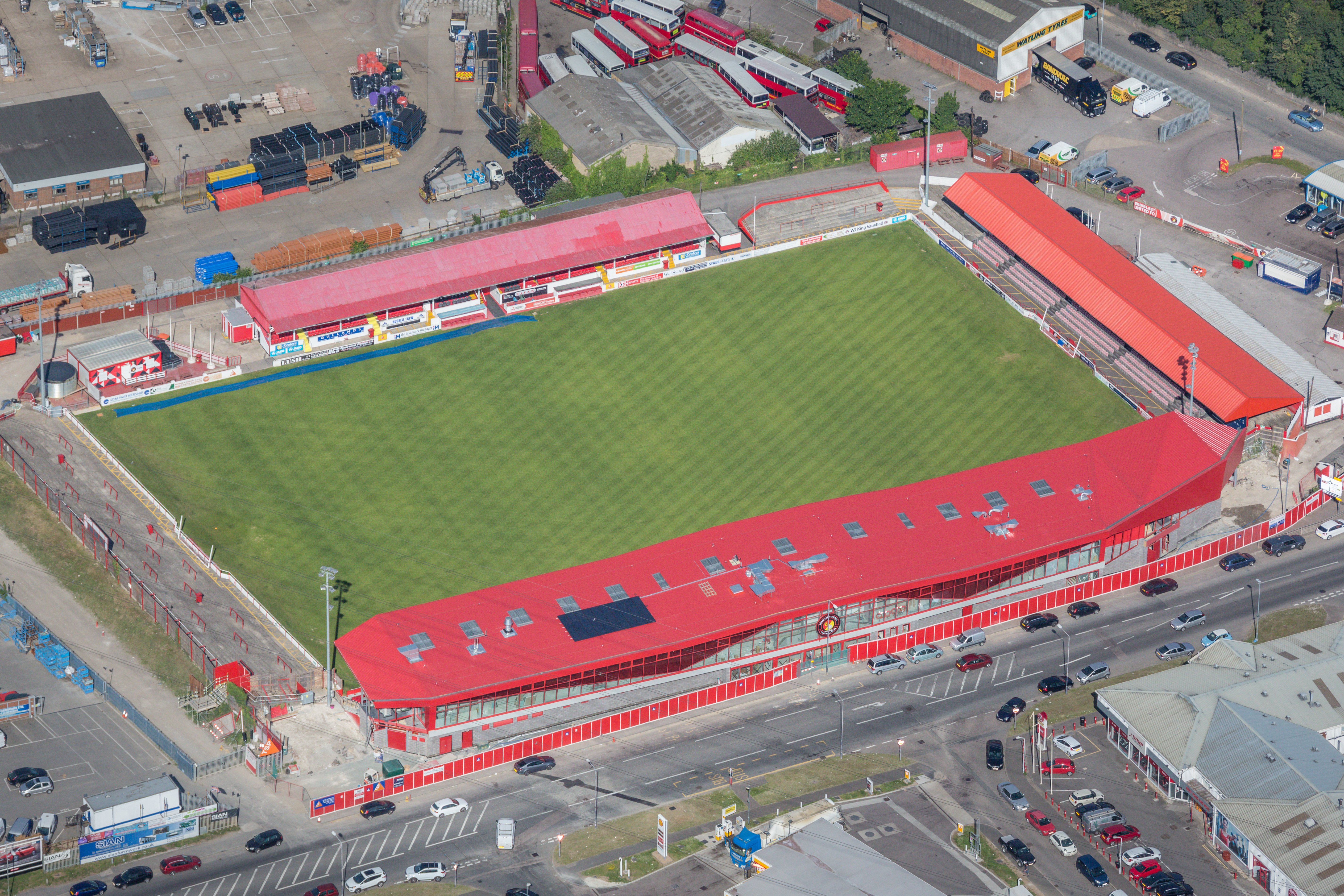 KENT , UNITED KINGDOM. JULY 2017. Aerial photograph of Kuflink Stadium, Northfleet, home to Ebbsfleet United Football Club on June 14th 2017. (Photograph by David Goddard/Getty Images)
