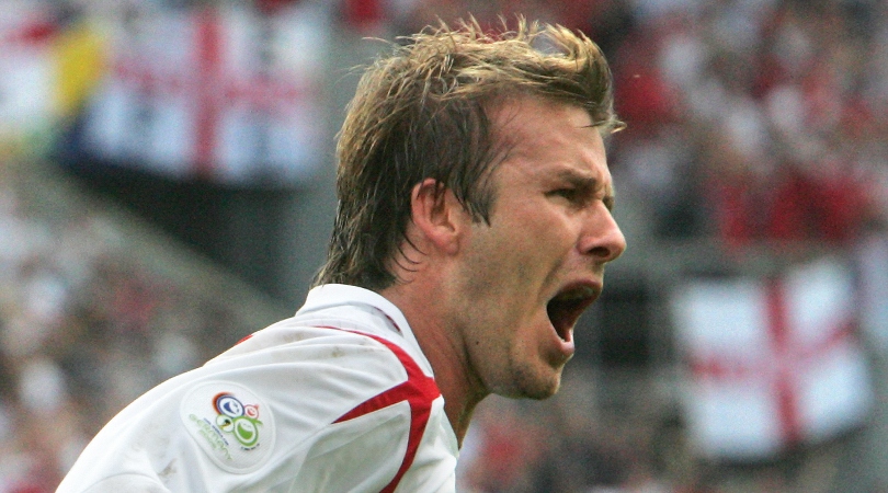 David Beckham celebrates after scoring a free-kick for England against Ecuador at the 2006 World Cup.