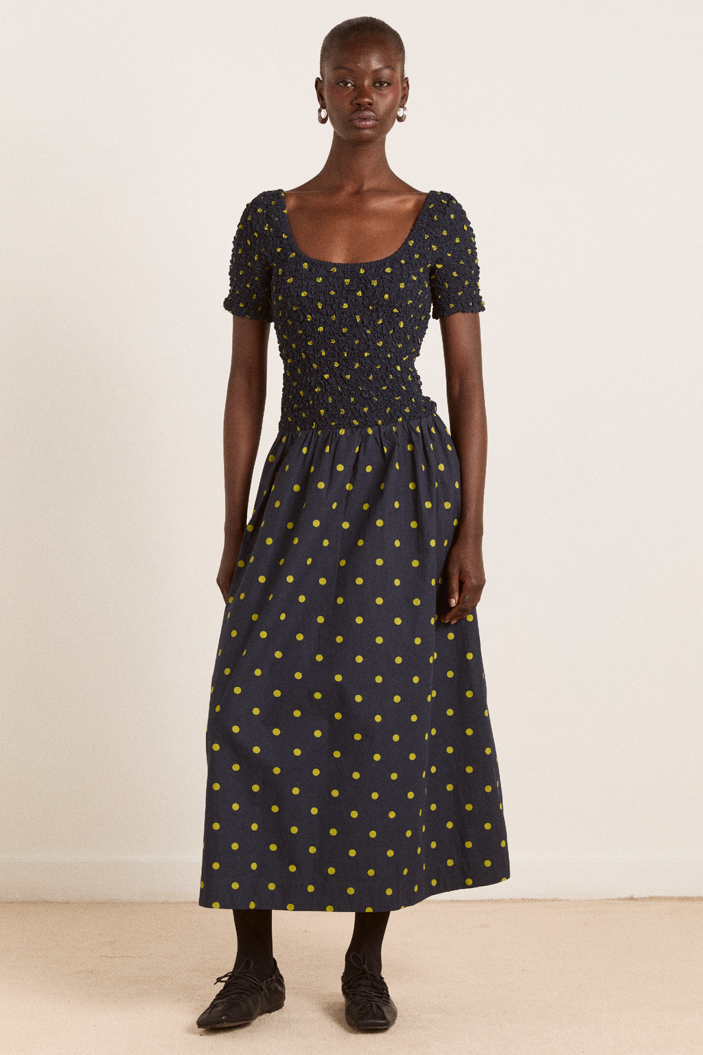 Malinda Super Smocked Midi Dress - Navy Olive Spot