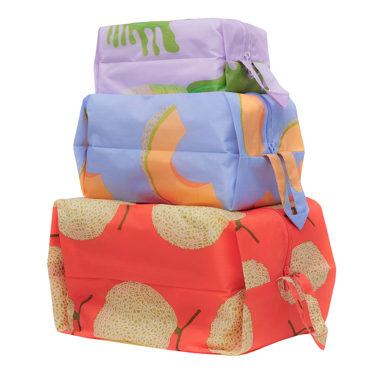 A set of three fruit patterned zip pouches