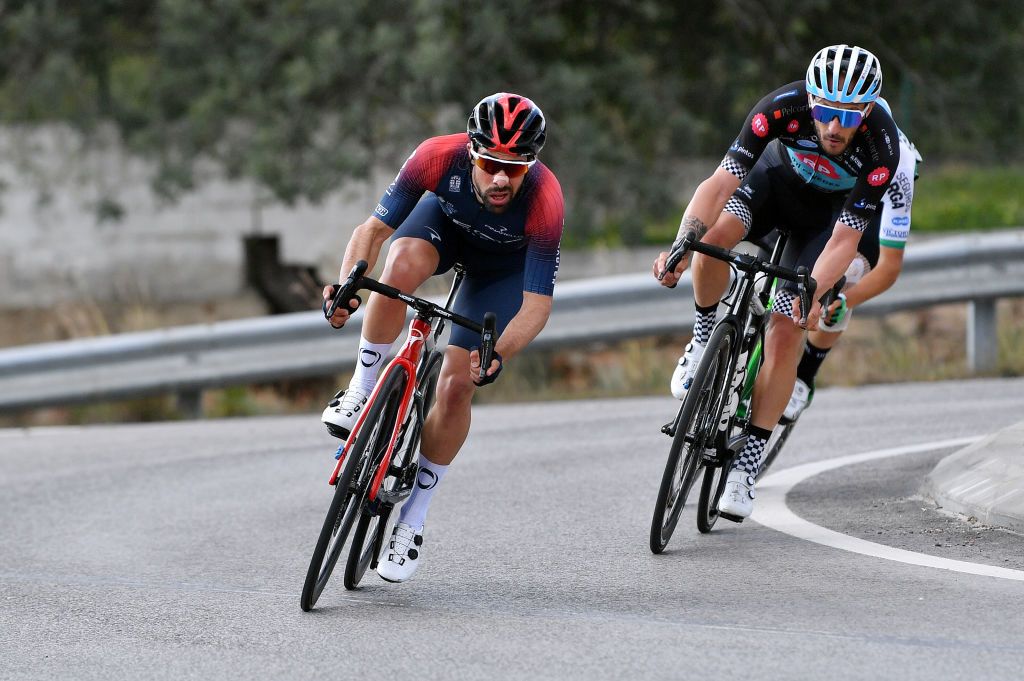 LOULE PORTUGAL FEBRUARY 20 LR Nicolas Jonathan Castroviejo of Spain and Team INEOS Grenadiers and Luis Fernandes of Portugal and Team Radio Popular Boavista compete in the breakaway during the 48th Volta Ao Algarve 2022 Stage 5 a 173km stage from Lagoa to MalhoLoul 514m VAlgarve2022 on February 20 2022 in Loule Portugal Photo by Luc ClaessenGetty Images