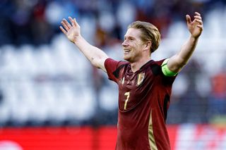 Kevin De Bruyne celebrates after scoring a goal during the International friendly football match between Belgium and Montenegro at the Baudoin King Stadium in Brussels on June 5, 2024.