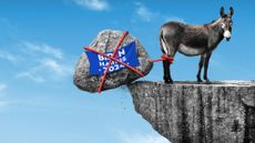 Illustration of a Democratic donkey tied to a boulder teetering on the edge of a cliff
