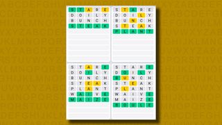 Quordle daily sequence answers for game 869 on a yellow background