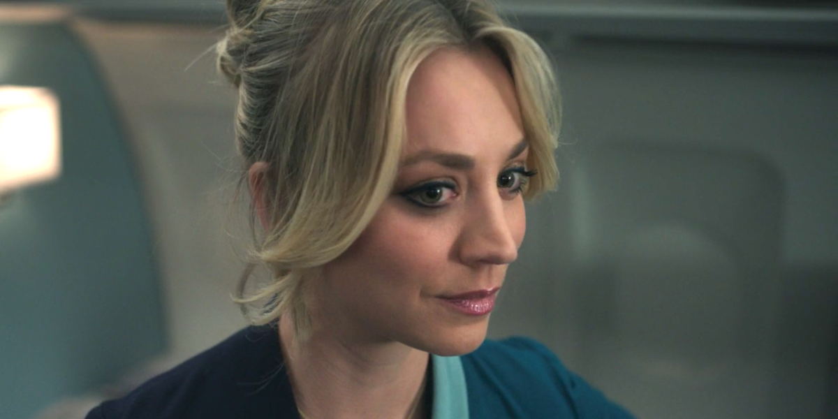 Kaley Cuoco as Cassie Bowden almost smiles on The Flight Attendant