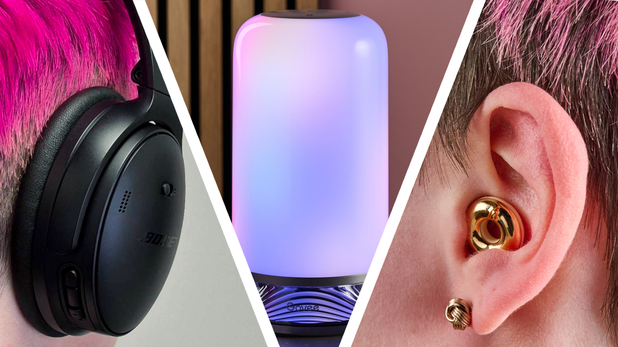 The image is split into three parts. The first section shows a woman wearing Bose QuietComfort headphones, the center section shows the Govee Table Lamp 2, and the last shows a woman modeling Loop Switch 2 earplugs.