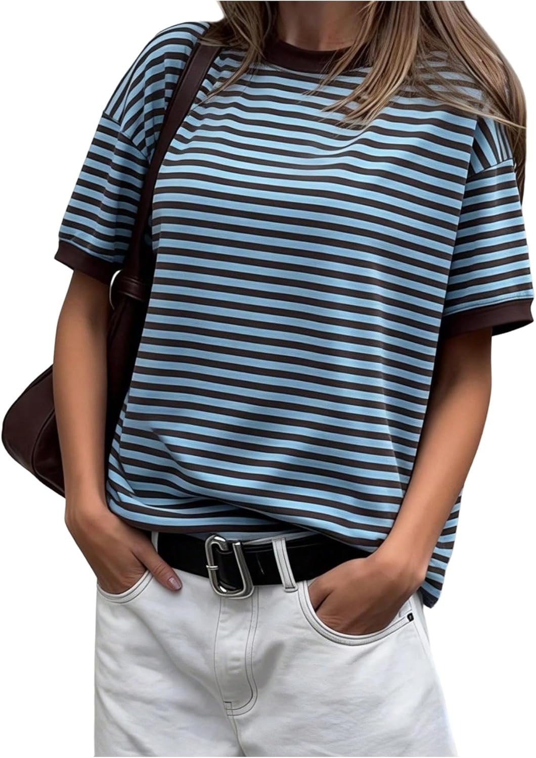 SweatyRocks, Sweatyrocks Women's Striped Short Sleeve T Shirt Vintage Crew Neck Loose Casual Summer Tops Blue and Brown Large