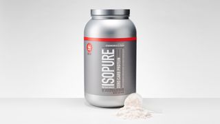 Tub of Isopure Whey Isolate Protein Powder on a table