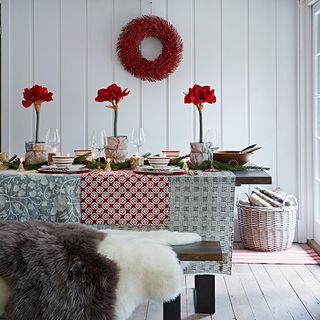 christmas dining room with patterned table cloth
