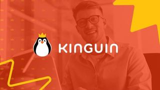 The Kinguin Logo sitting over a red background with yellow details and a photo of one of the company's team members