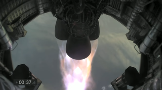The three Merlin engines on SpaceX's SN11 prototype firing during the launch on March 30, 2021.