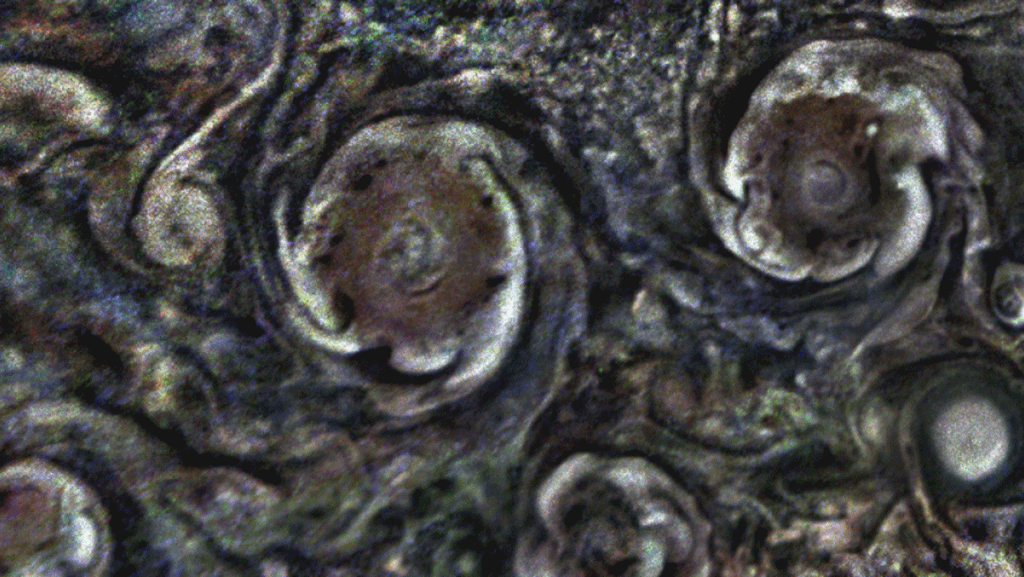 In this animated GIF, the clouds on the periphery of some of Jupiter's polar cyclones rotate counterclockwise, while the core of the cyclones rotate clockwise. Citizen scientist Gerald Eichst&auml;dt processed the images to enhance the color and contrast.
