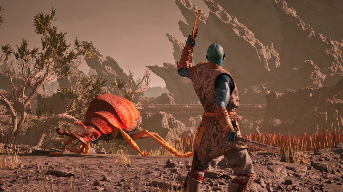 Avowed screenshot showing companion Kai wielding a pistol in one hand and short sword in the other while facing a large reddish-orange bug-like creature