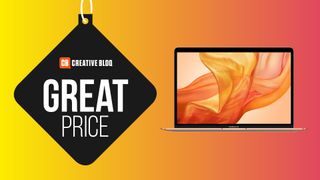 MacBook Air 2020 on yellow and orange background with text that says 'great deal'