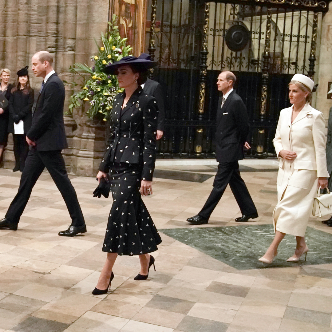 King Charles, Queen Camilla, Princess Kate, Prince Edward and Duchess Sophie walking into Westminster Abbey