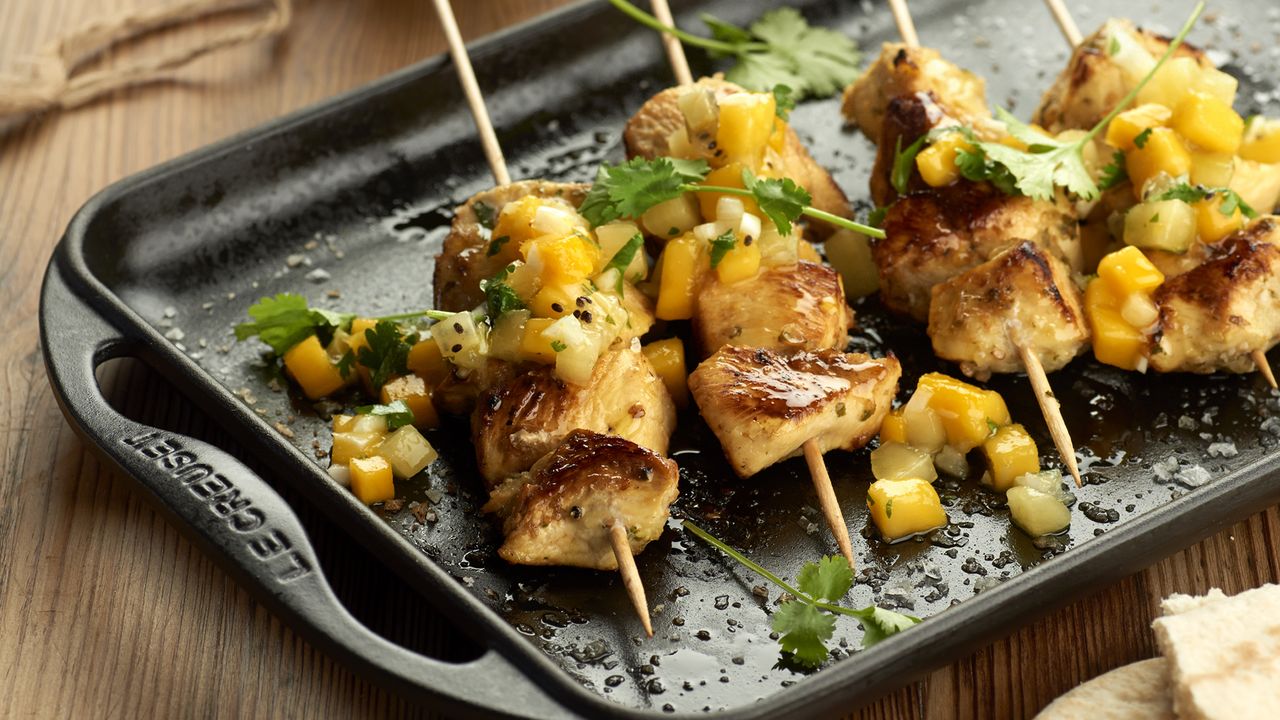 BBQ chicken kebabs with mango salsa