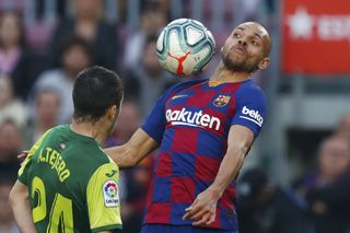 Barcelona’s new signing Martin Braithwaite, right, controls the ball