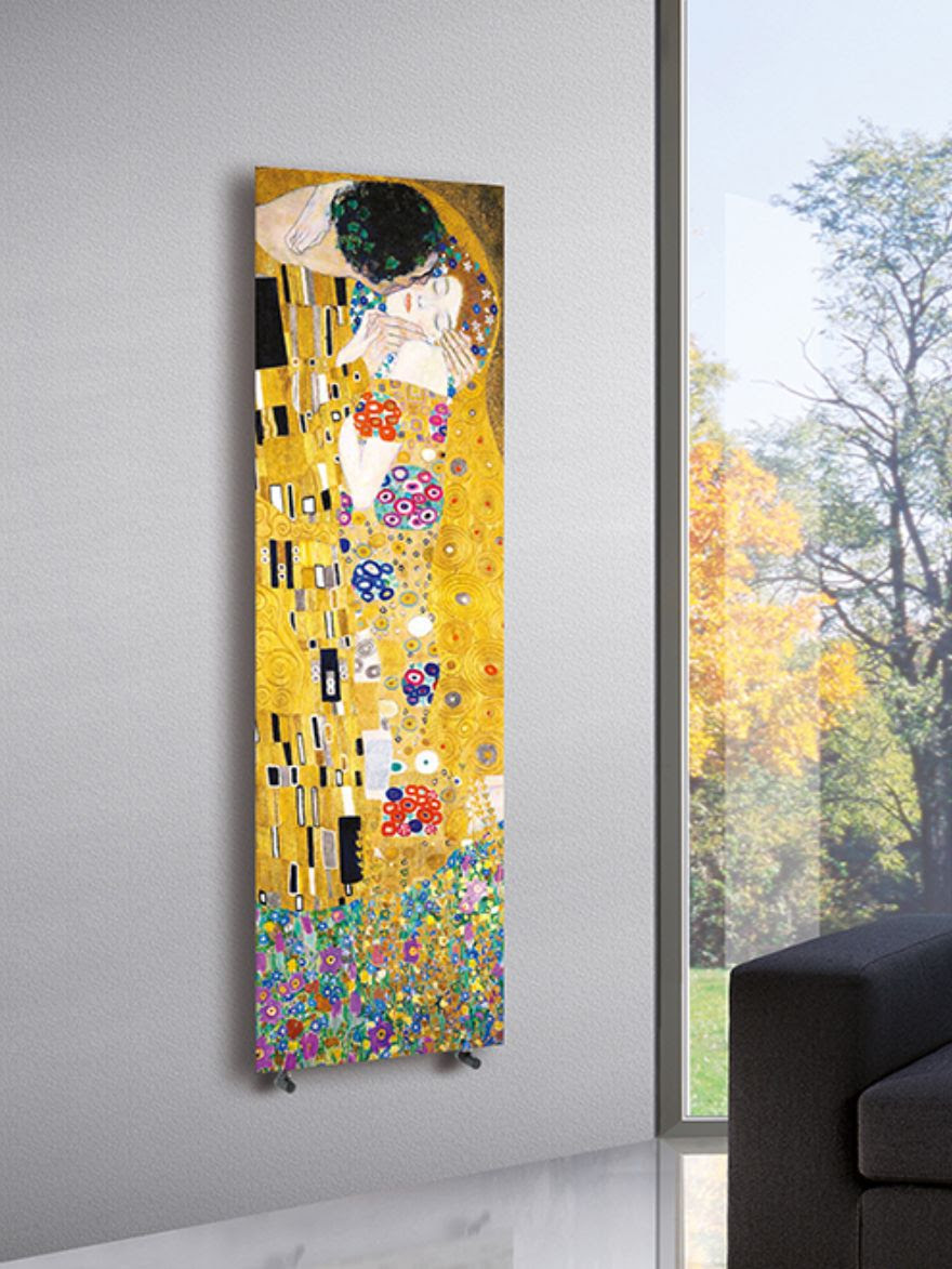 a wall-hung radiator that looks like a piece of art on a gray wall next to a floor-to-ceiling window