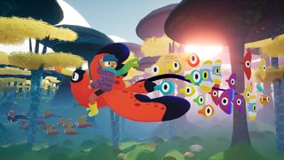 Promotional screenshot of the player shepherding birds in Flock.