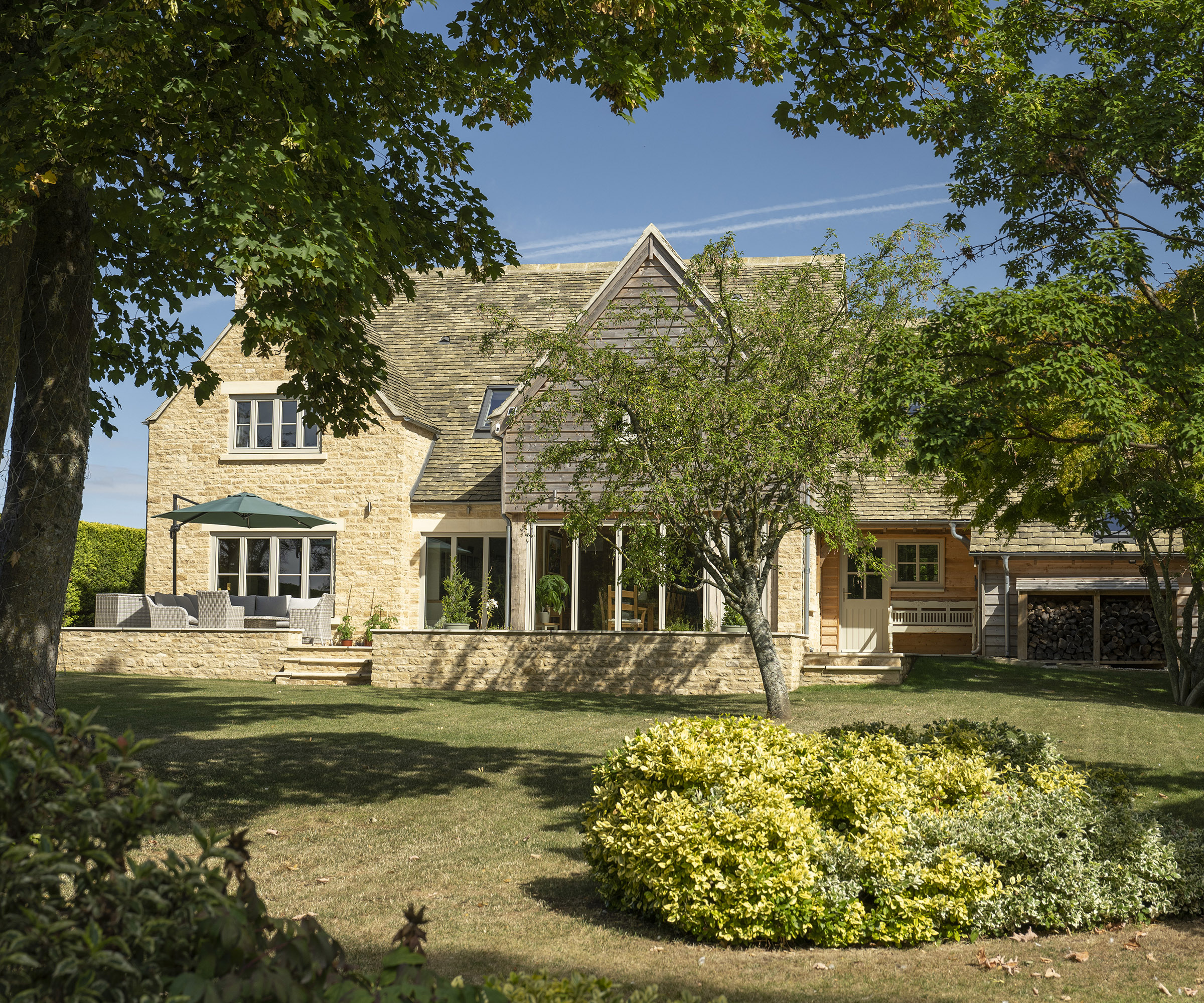 The back garden of an oak frame self build home