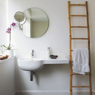 bathroom with white wall and ladder