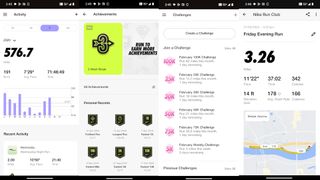 Screenshots from the Nike Run Club app showing a run activity, annual running stats, achievements, and challenges