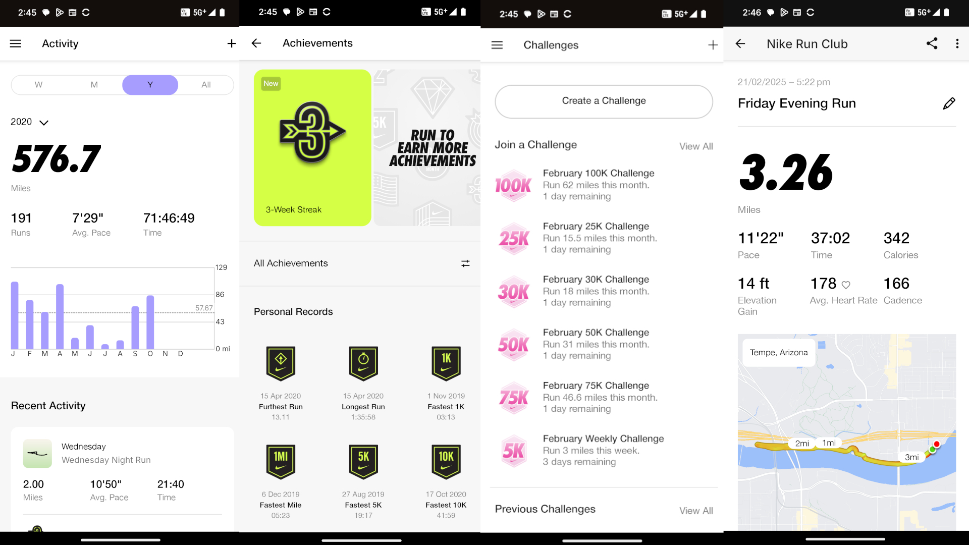 Screenshots from the Nike Run Club app showing a run activity, annual running stats, achievements, and challenges