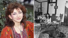 a split screen with kate bush on the left and her living room in black and white on the right