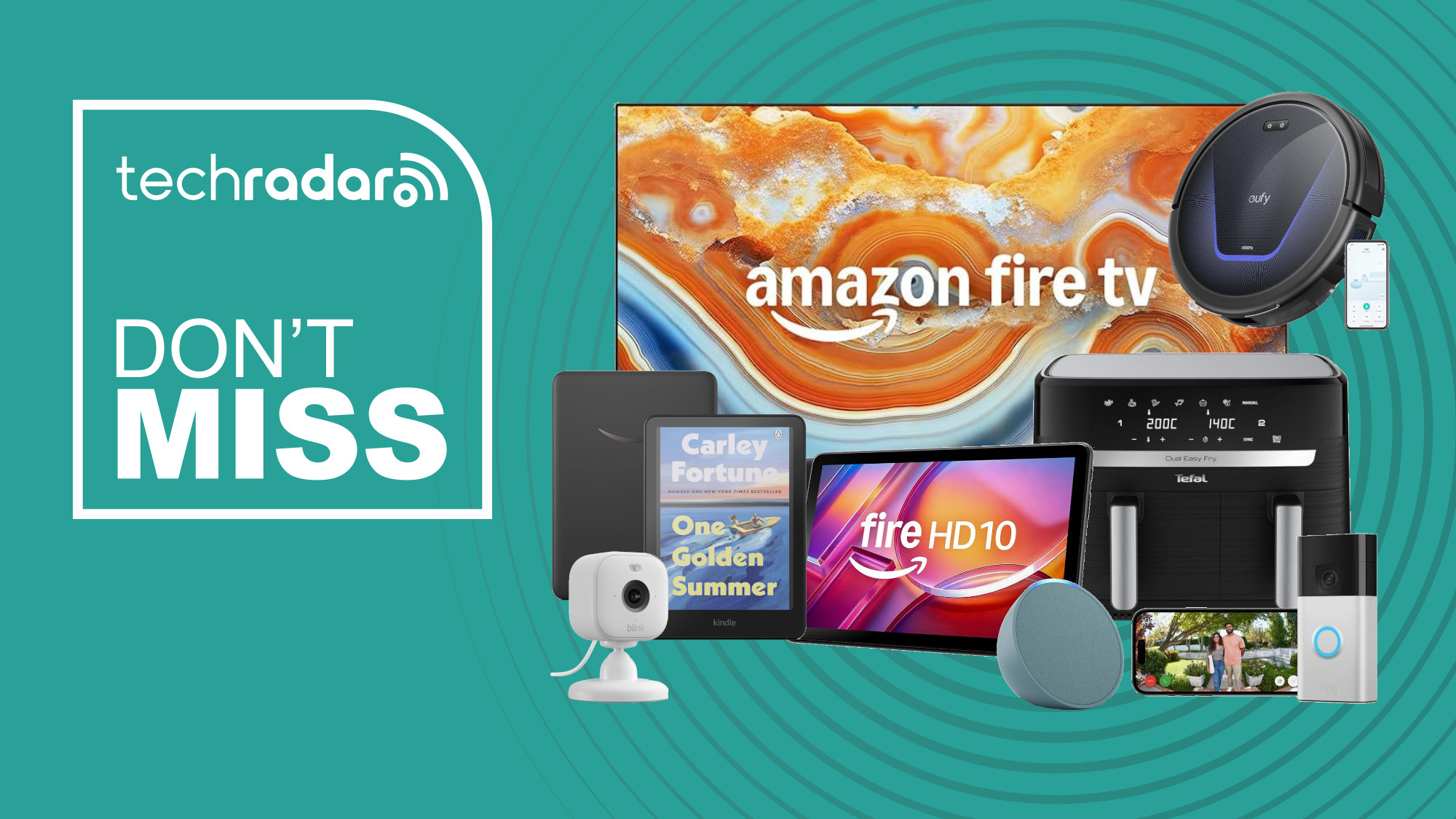 Collage of tech from the early Amazon Prime Big Deal Days deals, including a Fire TV, Kindle, Fire Tab, Blink Mini, Echo Dot, Ring Doorbell and Tefal air fryer