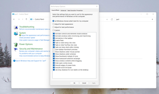 A screenshot showing settings that can be tweaked in Windows 11 to improve performance