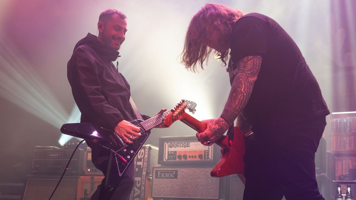 The Gaslight Anthem&#039;s Alex Rosamilia [left] and Brian Fallon live onstage in London