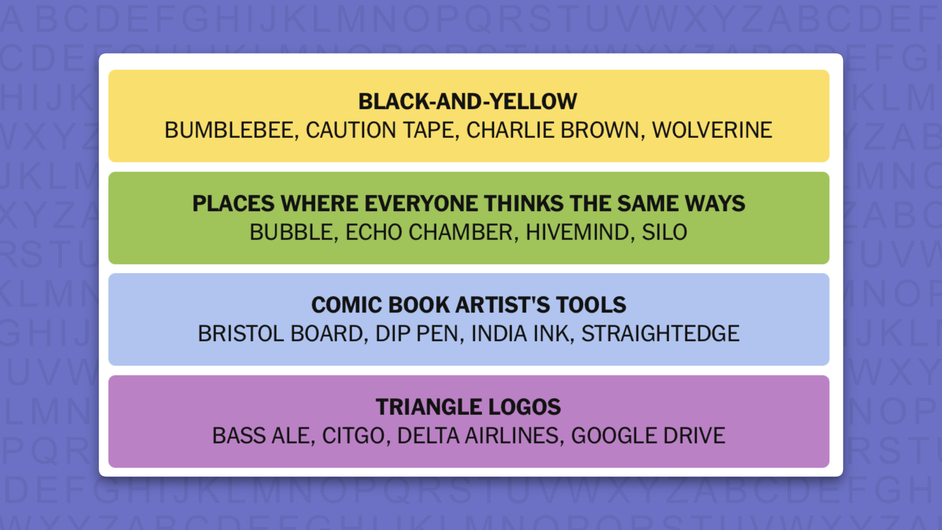NYT Connections answers for game 1160 on a purple background