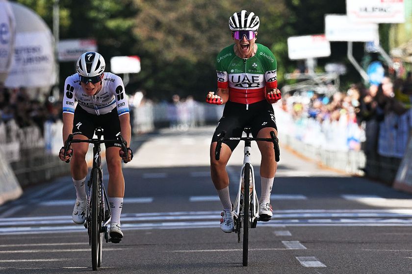 VARESE, ITALY - OCTOBER 07: Elisa Longo Borghini of Italy and UAE Team ADQ (R) celebrates at finish line as race winner ahead of Demi Vollering of Netherlands and Team FDJ - SUEZ (L) during the 5th Tre Valli Varesine Women&amp;apos;s Race 2025 a 137km one day race from Busto Arsizio to Varese on October 07, 2025 in Varese, Italy. (Photo by Dario Belingheri/Getty Images)