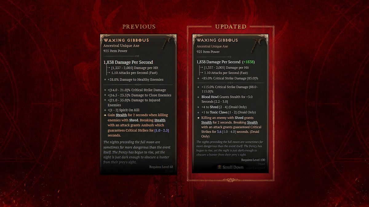 A comparison graphic of two Diablo 4 druid unique weapons on a red background