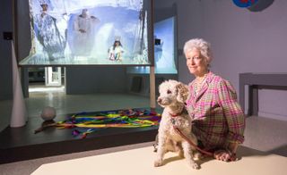 performance and video artist Joan Jonas pictured with her dog