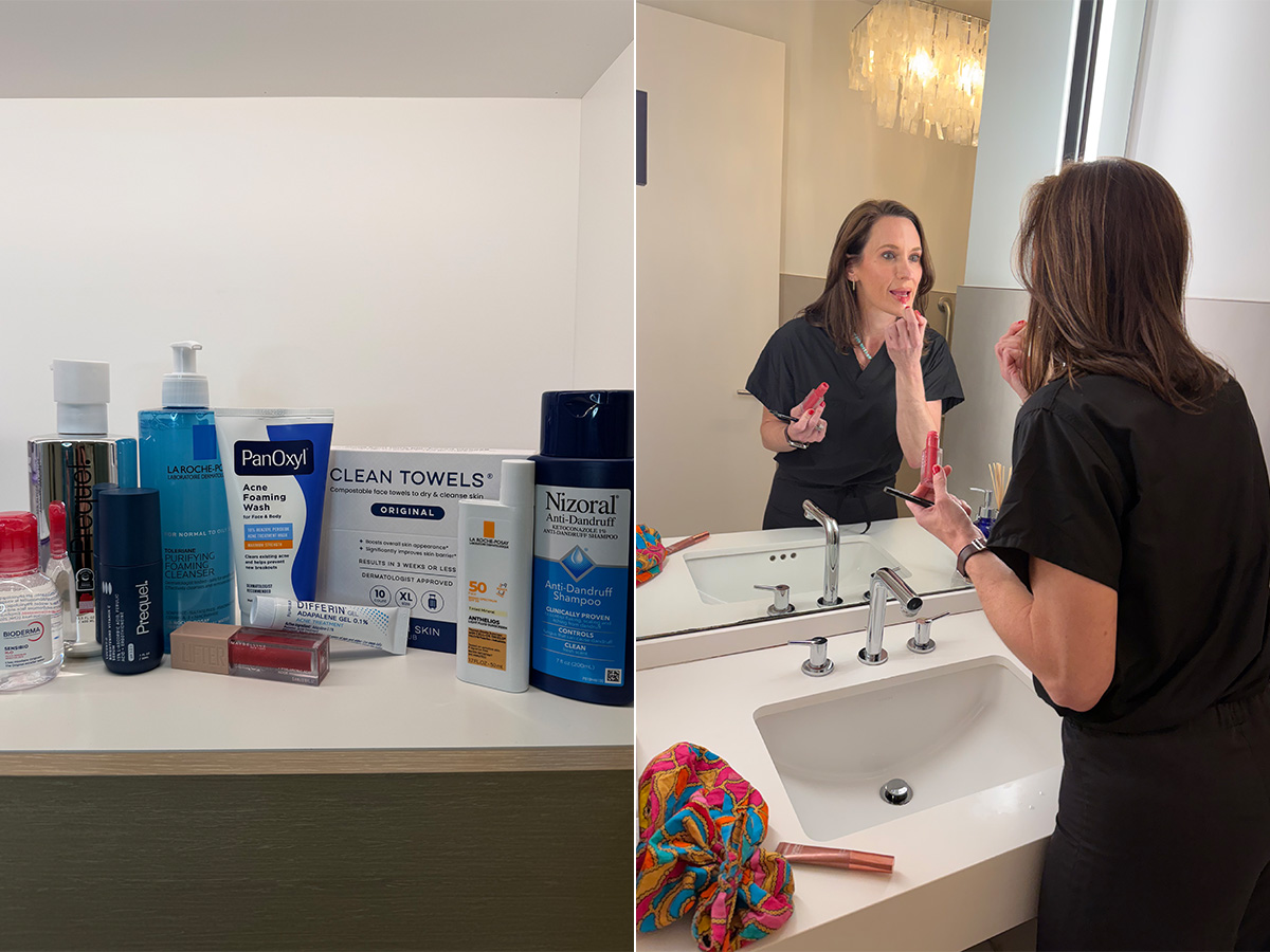 Collage of drugstore skincare and Carey Campbell, MD, applying lip balm.
