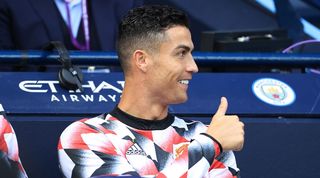 Cristiano Ronaldo on the bench for Manchester United in the derby against Manchester City.