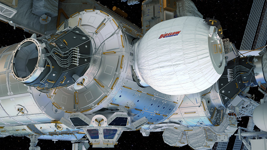 This artist&#039;s illustration shows the Bigelow Expandable Activity Module (BEAM) built by Bigelow Aerospace as it will appear once fully inflated on the International Space Station. NASA and Bigelow Aerospace will try to inflate the module on Saturday, May 