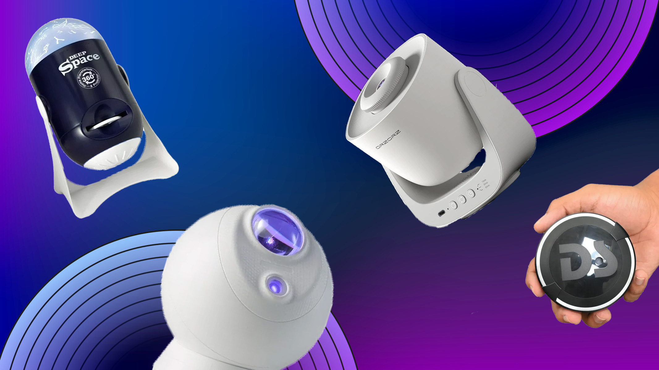 The best star projectors in front of a purple and blue background with concentric circles. 