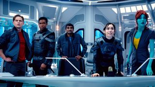 Left to right: Billy Magnussen, Osy Ikhile, Paul G. Raymond, Cristin Milioti, Milanka Brooks in Black Mirror season 7
