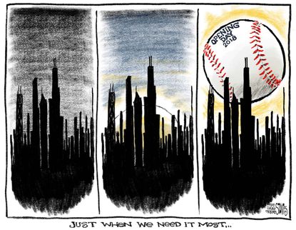 Editorial cartoon U.S. MLB baseball opening day sunrise