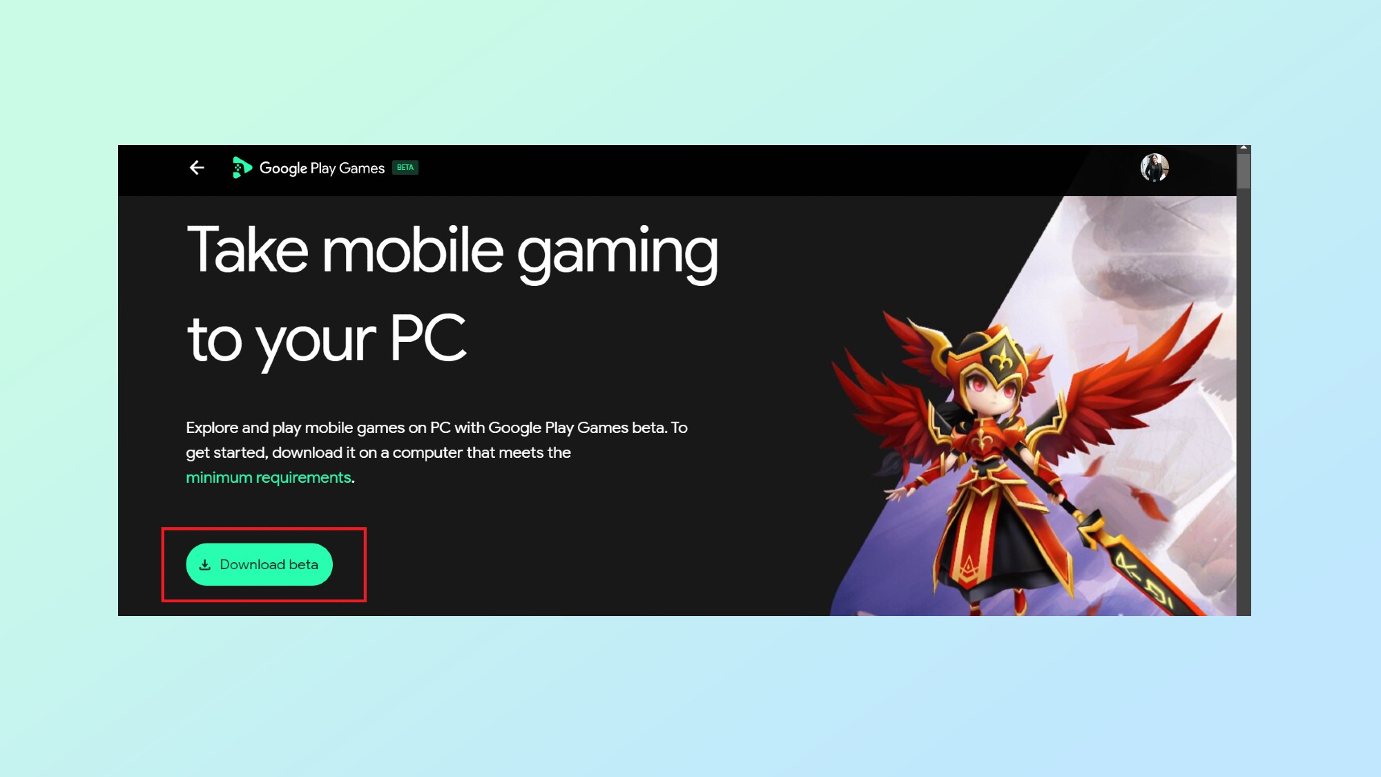 Captura de pantalla de la página web de descarga de Google Play Juegos