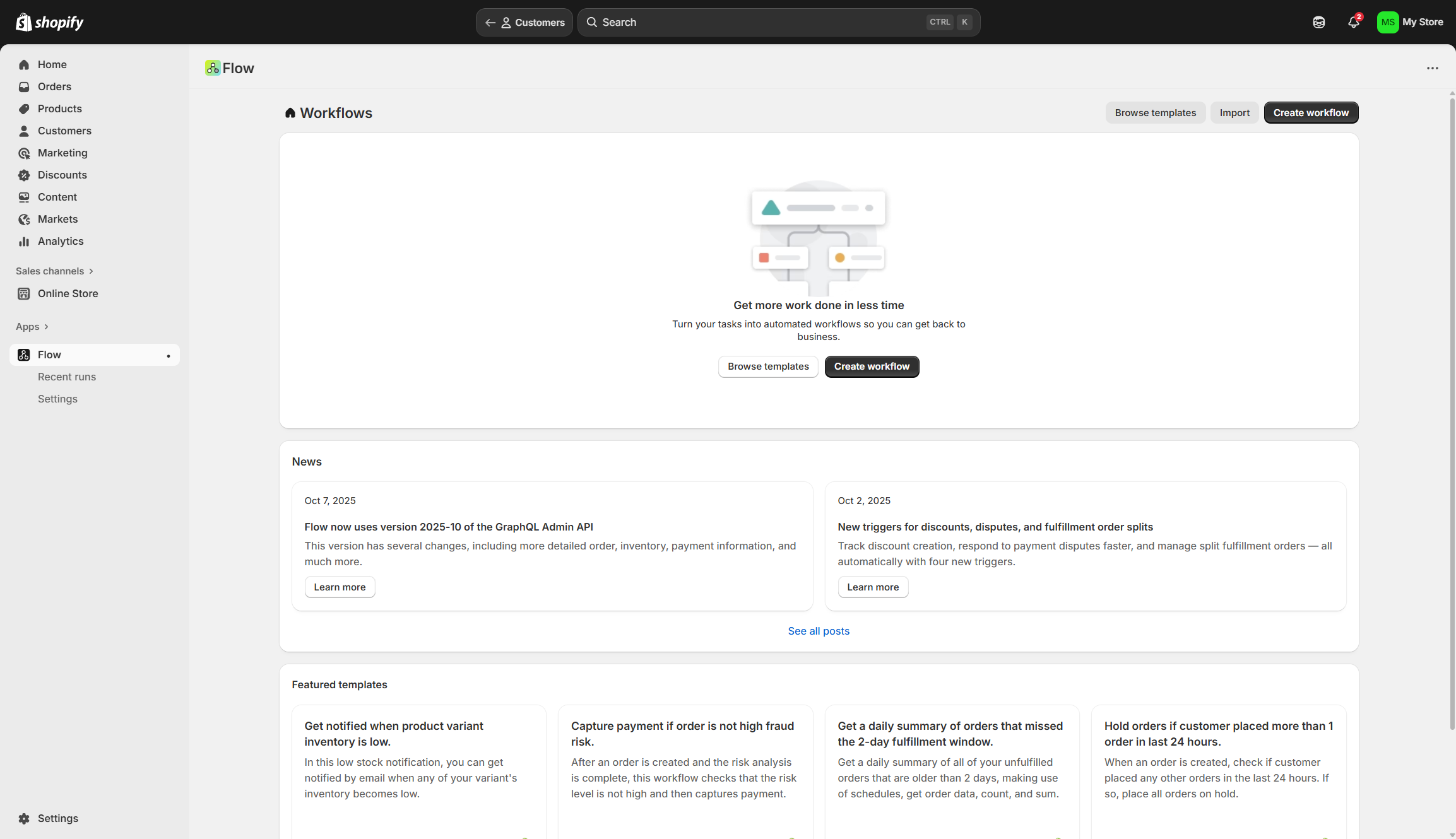 Screenshot of Shopify Flow automation dashboard