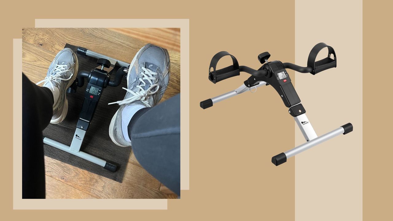 Health Editor Grace Walsh using under-desk bike at home next to product image