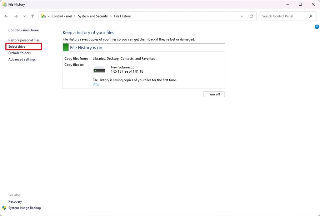 File History Select Drive