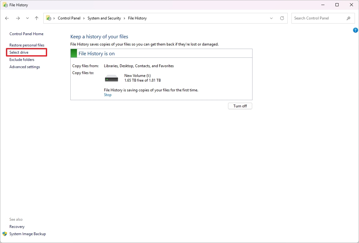 File History Select Drive