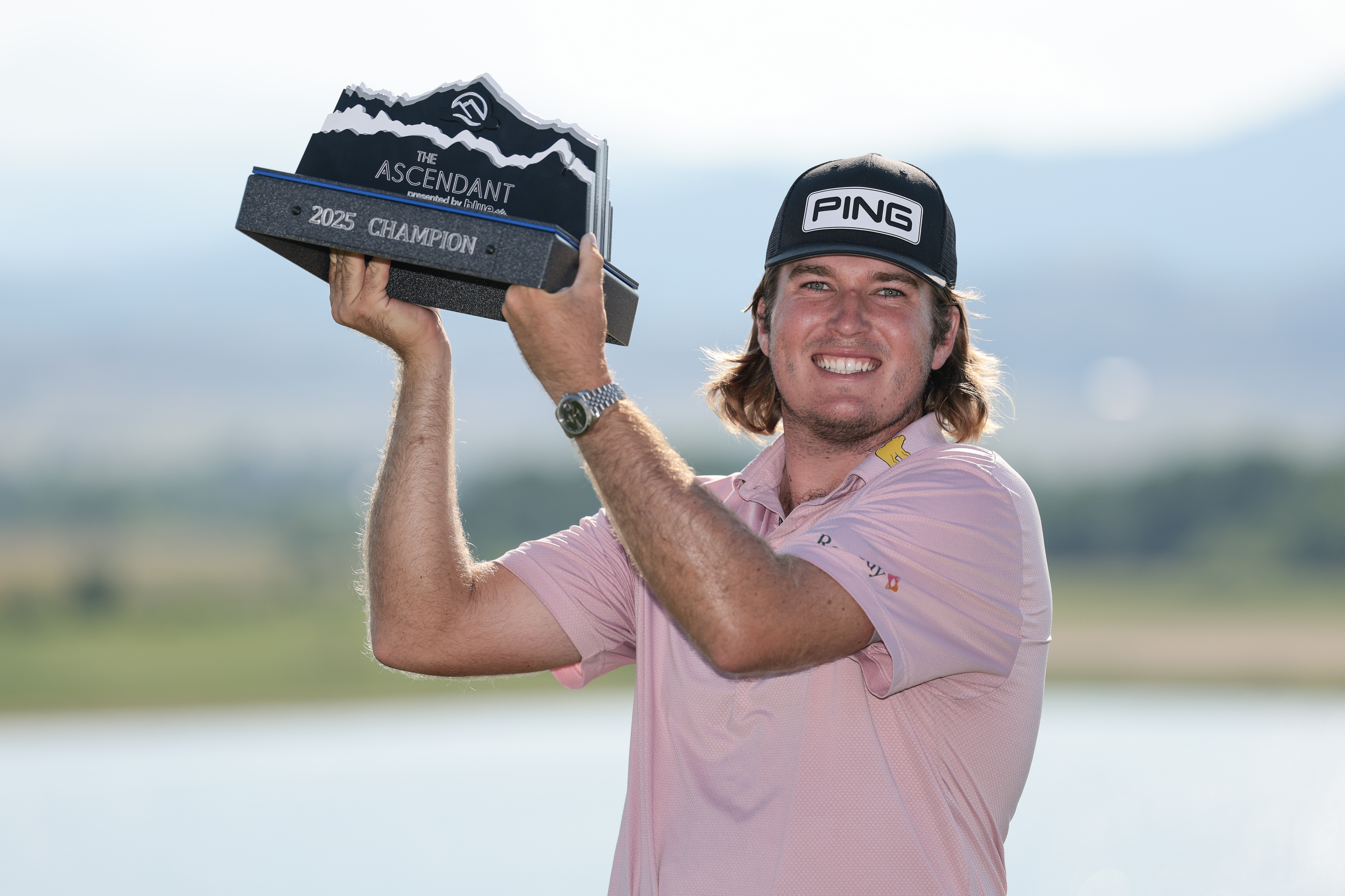 Neal Shipley holds a trophy after winning on the Korn Ferry Tour