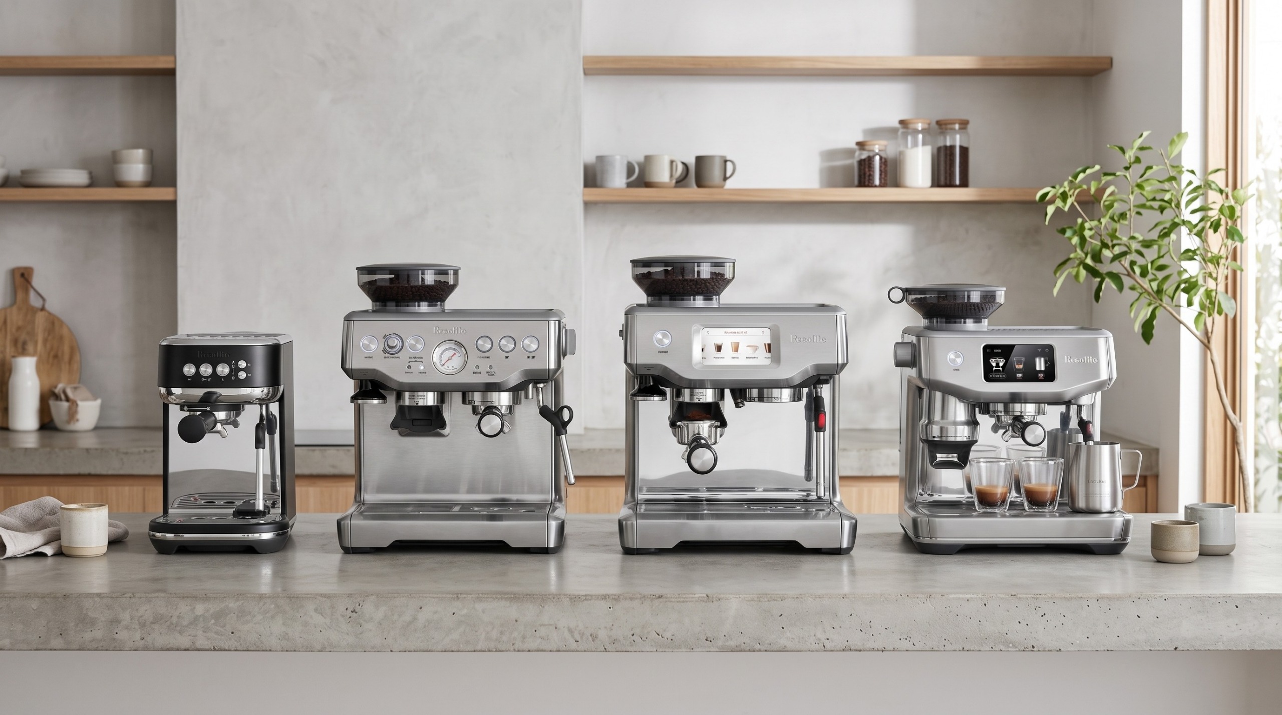 4 Breville espresso machines arranged side-by-side on a kitchen counter.